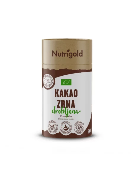 Organska kakao drobljena zrna u smeđoj, kartonskoj ambalaži od 200g