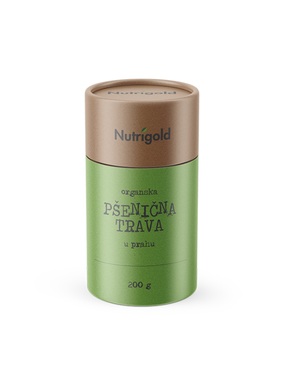 Nutrigold pšenična trava u prahu dolazi u kartonskom, zelenom pakiranju od 200g.