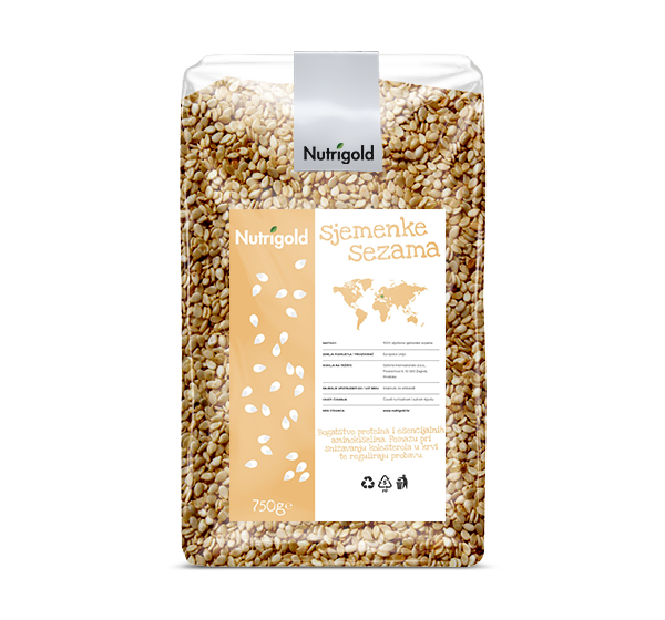 Nutrigold sjemenke sezama u plastičnoj prozirnoj ambalaži od 750 grama.