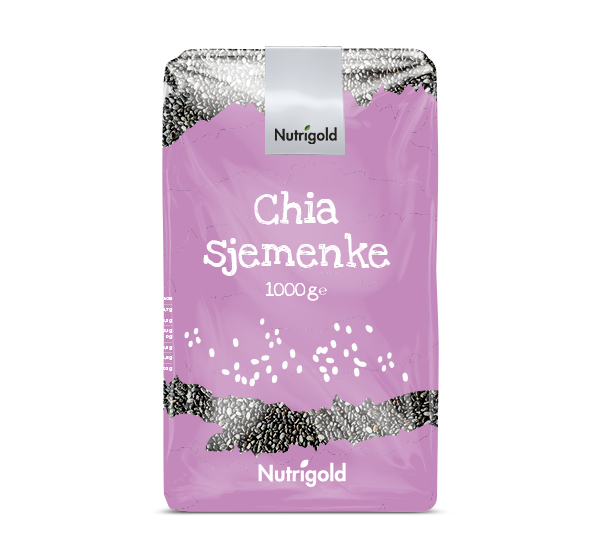 Nutrigold crne chia sjemenke u ljubičasto prozirnoj plastičnoj ambalaži od 1 kg.