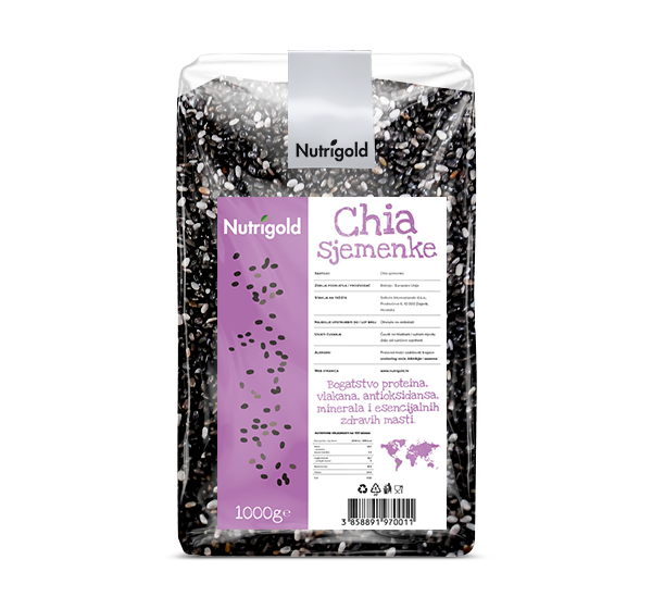 Nutrigold crne chia sjemenke u plastičnoj prozirnoj ambalaži od 1kg.
