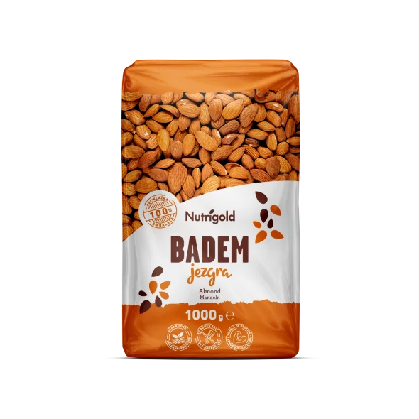 Nutrigold Jezgre badema u plastičnoj prozirnoj ambalaži od 1000 grama.