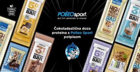 Polleo Sport naslovni vizual s proteinskim čokoladicama na crnoj pozadini