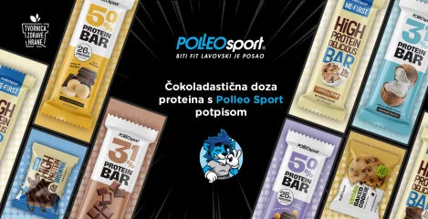 Polleo Sport naslovni vizual s proteinskim čokoladicama na crnoj pozadini