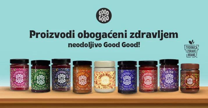 Promo vizual branda Good Good s poredanim namazima na svijetlo plavoj pozadini
